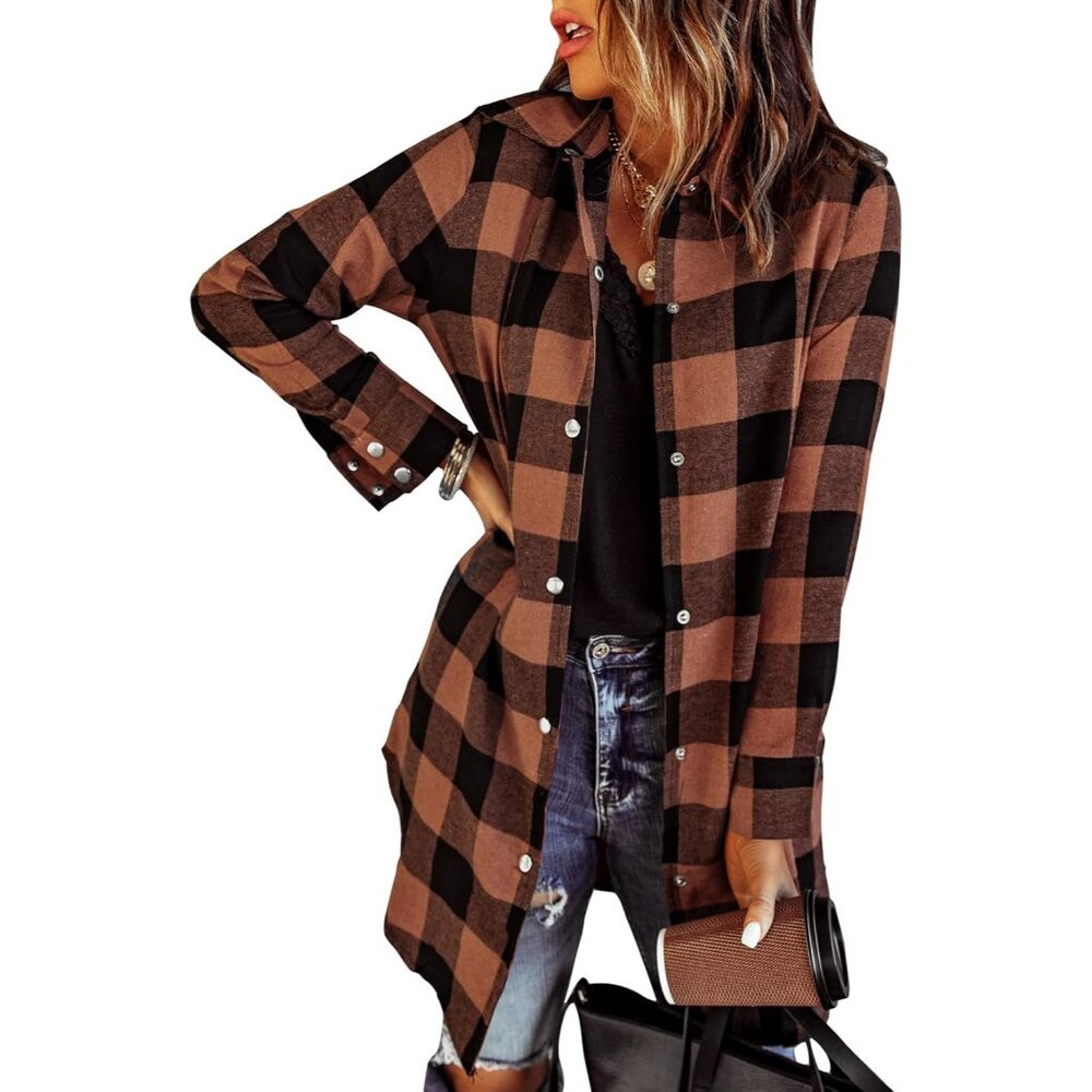 Versatile Color Block Plaid Shacket Jacket For Wo… - image 1